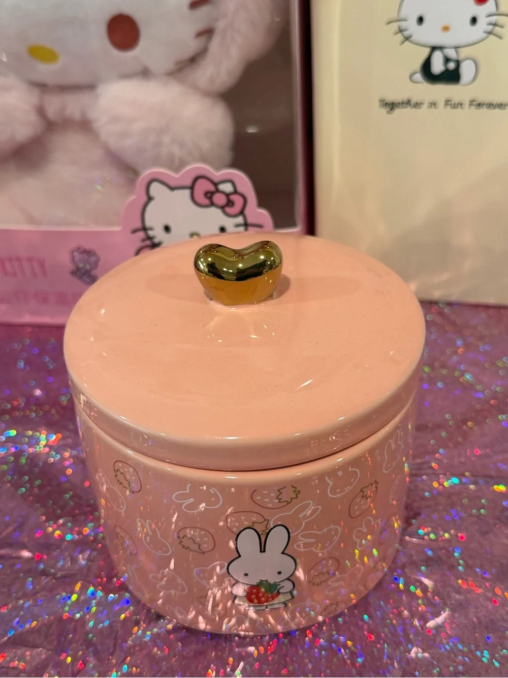 Miffy Strawberry Ceramic Canister Jar with Gold Heart Lid | Cute Kawaii Storage